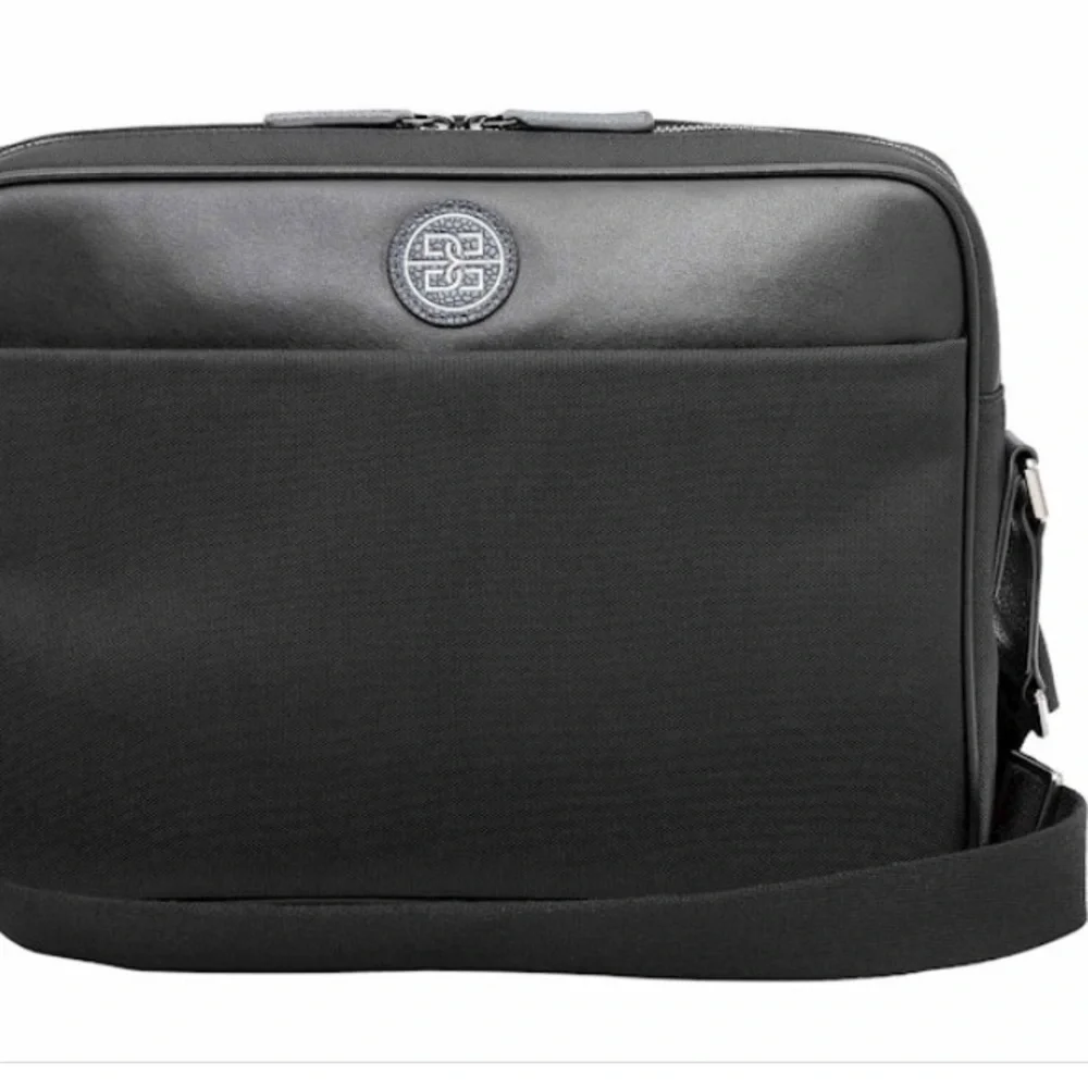 Graphite Blue/Black Trim Laptop Bag with Adjustable Strap and Textured Fabric.